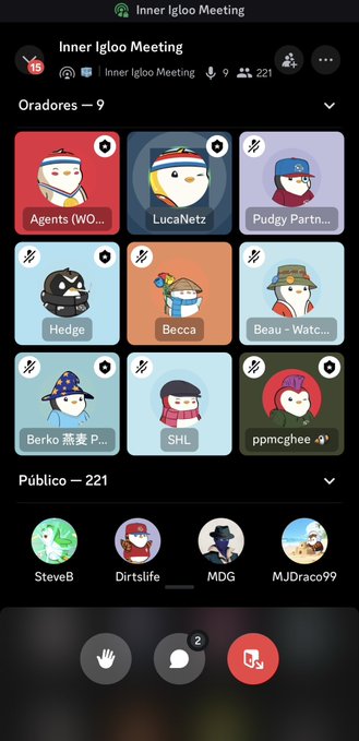 A screenshot of an 'Inner Igloo Meeting' Discord-style voice call interface with 9 speakers and 221 public listeners, displaying cartoon avatar icons.