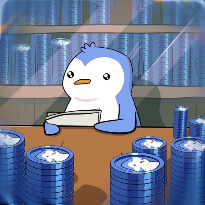 An illustrated penguin character wearing a blue cloak sits at a desk holding papers, surrounded by stacks of blue poker chips.