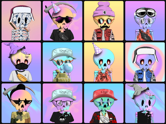 A 4x3 grid of stylized cartoon skull characters (NFT-style avatars) on colorful pastel backgrounds, each wearing different accessories like sunglasses, hats, party hats, and "Crypt" branded caps.