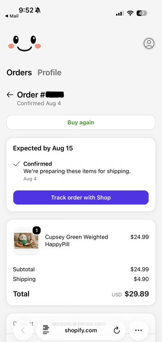 A Shopify order confirmation screenshot on a mobile device showing a 'Cupsey Green Weighted HappyPill' for $24.99 plus $4.90 shipping, totaling $29.89 USD, expected by Aug 15.