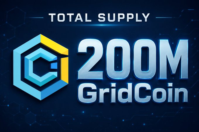 A promotional graphic for GridCoin featuring its blue and yellow hexagonal logo alongside the text "TOTAL SUPPLY 200M GridCoin," visually reinforcing the post's message about the cryptocurrency's fixed maximum supply of 200,000,000 $GDC tokens.
