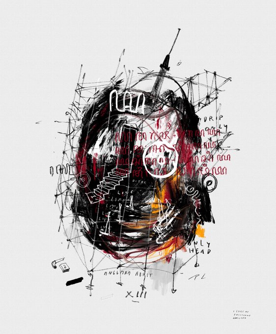 The image features a black and white drawing of a skull with a crown, surrounded by various other elements such as stairs, a tower, and a bird. The drawing appears to be unfinished or incomplete, giving it an artistic and intriguing quality. The post includes text that reads "DROP IS LIVE!! Unfinished! [Unfinished] on @drip_haus [legendary head XIII 50 edition 500for 3 days 2000 for the next 5 days link below". This suggests that the image is part of a larger art project or series, and the creator has chosen to share their work with others by tagging it in a specific hashtag.