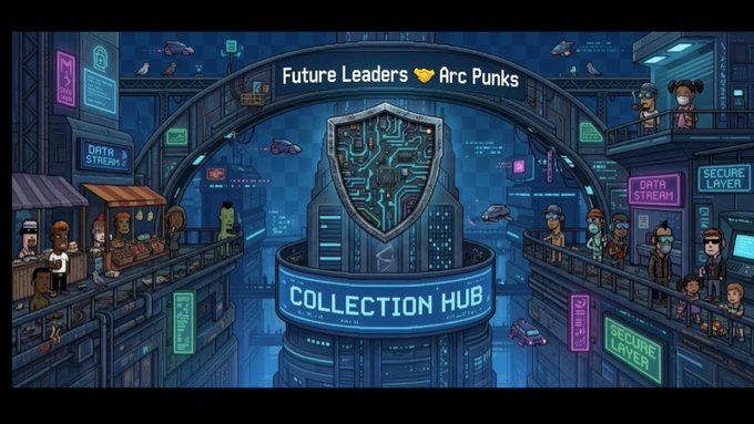 A pixel-art cyberpunk cityscape titled 'Future Leaders ❤ Arc Punks' featuring a central 'COLLECTION HUB' shield, surrounded by vendor stalls, characters, and signs reading 'DATA STREAM', 'SECURE LAYER', and 'PUBLIC'.