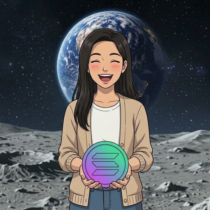 An animated-style illustration shows a smiling woman with black hair holding a glowing Solana (SOL) logo sphere, standing on a lunar surface with the Earth visible in the starry background.