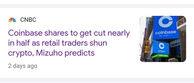 A CNBC news headline reading 'Coinbase shares to get cut nearly in half as retail traders shun crypto, Mizuho predicts,' posted 2 days ago, alongside a photo of the Coinbase logo.