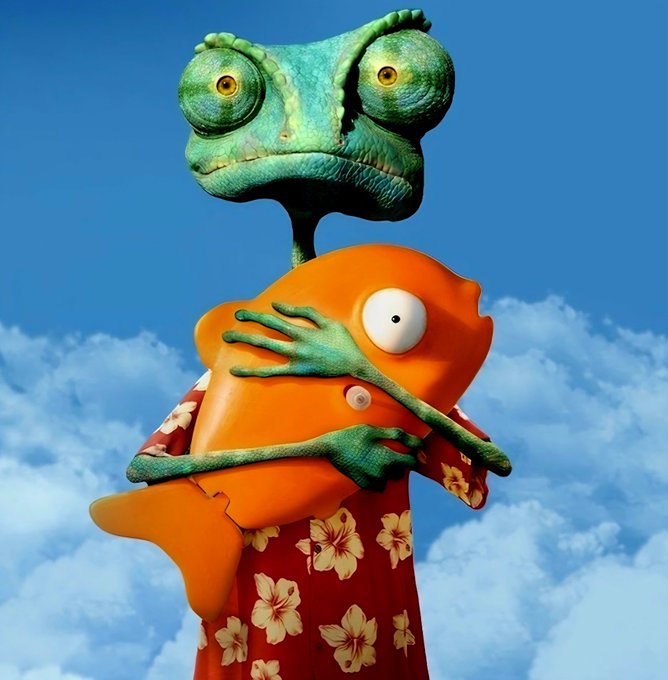 A digital illustration of a chameleon wearing a red floral Hawaiian shirt, holding an orange fish-shaped character with one big eye against a blue cloudy sky background.