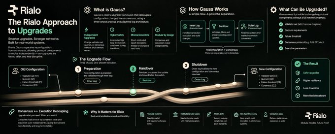 An infographic titled 'Rialo: The Rialo Approach to Upgrades' explaining their Gauss framework with sections on 'What is Gauss?', 'How Gauss Works', 'What Can Be Upgraded?', 'The Upgrade Flow', and outcomes like 'Safer upgrades' and 'Higher resilience'.