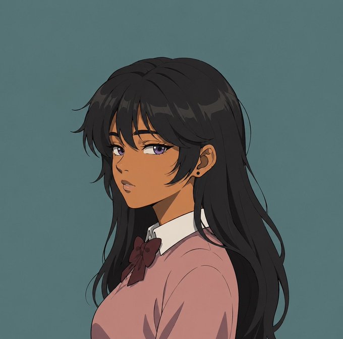 Anime-style illustration of a young woman with long dark hair, purple eyes, and a pink cardigan with a maroon bow tie against a teal background.