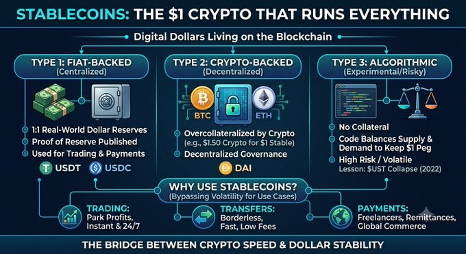 This infographic titled "STABLECOINS: THE $1 CRYPTO THAT RUNS EVERYTHING" explains that stablecoins are digital dollars living on the blockchain, categorizing them into three types: Type 1 Fiat-Backed (USDT, USDC) with 1:1 real-world dollar reserves, Type 2 Crypto-Backed (DAI) which is overcollateralized by BTC and ETH for decentralized governance, and Type 3 Algorithmic which has no collateral and balances supply/demand code (risky, referencing the $UST collapse in 2022). It highlights why stablecoins are used for trading (park profits, 24/7 instant transfers), cross-border transfers (fast, low fees), and payments (freelancers, remittances, global commerce), positioning them as the bridge between crypto speed and dollar stability.