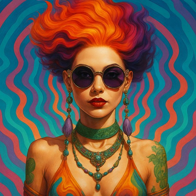 The image features a woman with orange hair wearing sunglasses, a necklace, and earrings. She has tattoos on her body and appears to be posing for the picture. The background of the image consists of blue and purple stripes that create an abstract pattern. The caption below the image reads "Huge thank you to @MightBeBonesy for collecting an edition of 'Wavelength Priestess' Really appreciate the support - it means a lot".