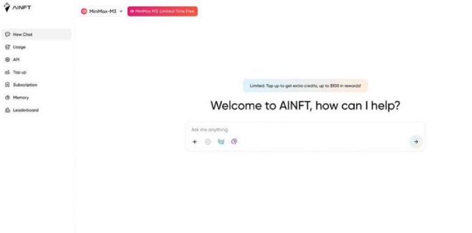 A screenshot of the AINFT chatbot interface welcoming users with 'Welcome to AINFT, how can I help?' and showing a notification about extra credits up to $100 in swaxAI.