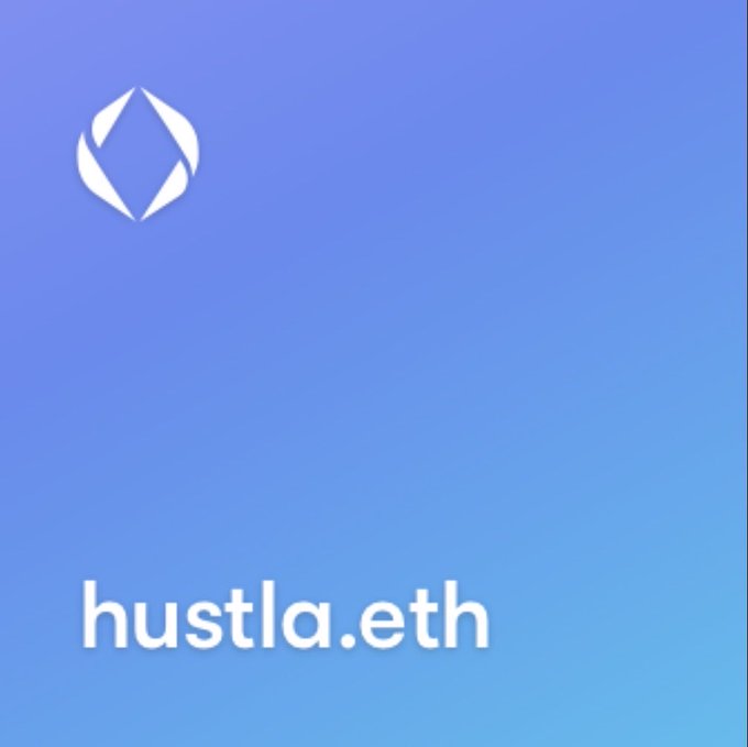 An ENS domain display card for 'hustla.eth' with a blue gradient background and the Ethereum logo.