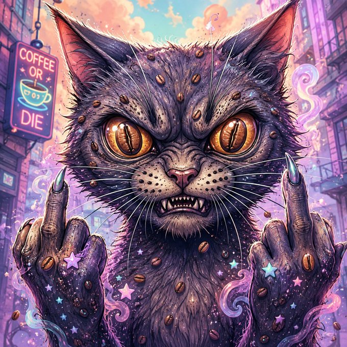 Vibrant digital artwork of a fierce, purple-furred cat covered in coffee beans, raising its claws, with a neon 'COFFEE OR DIE' sign in the background.