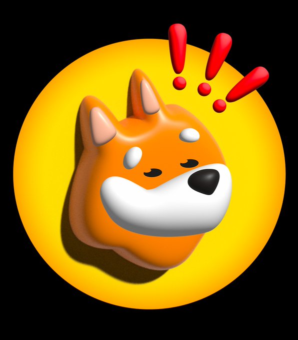 A 3D-rendered Shiba Inu dog emoji-style illustration with red exclamation marks on a yellow circular background.
