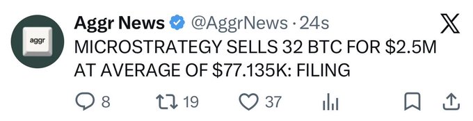 The image features a social media post by @AgrNews, which includes the line "Microstrategy sells 32btc for $77,155k." The post also mentions that microstrategy was worth $77,155K on a single sale of Bitcoin. This implies that the value of the microstrategy was quite high in relation to the amount of Bitcoins sold and the price per Bitcoin at the time of the transaction. Furthermore, the post suggests that it is never a good idea to sell your Bitcoin, as this can potentially drain its value or lose you money depending on market conditions at the time. The main focus of the image is to convey this message through the medium of social media.