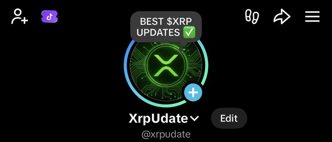 The image shows the TikTok profile for "XrpUpdate" (@xrpudate), featuring a circular green XRP logo with circuit board patterns, labeled "BEST $XRP UPDATES ✓," matching the post's promotion of an all-in-one source for $XRP news, Ripple updates, and market moves.