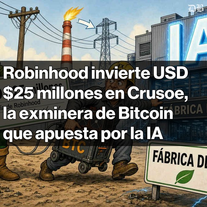 An illustrated news graphic in Spanish reading 'Robinhood invierte USD $25 millones en Crusoe, la exminera de Bitcoin que apuesta por la IA' with industrial imagery.