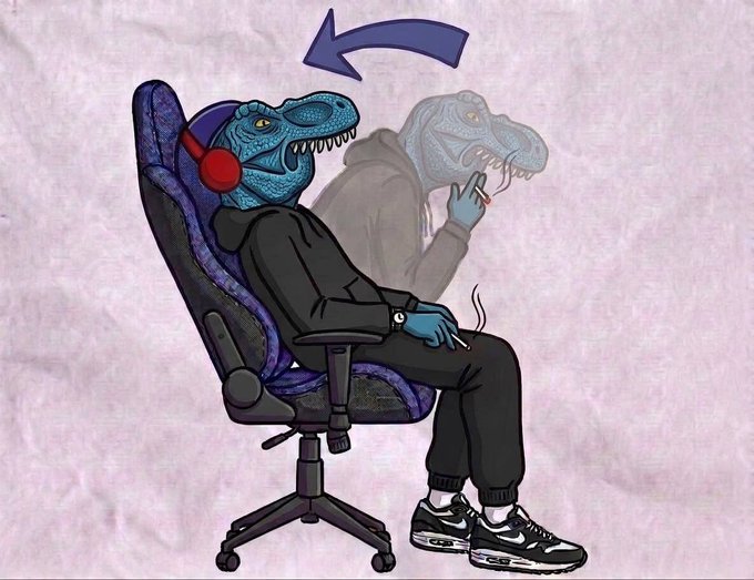 A blue dinosaur wearing headphones and a black tracksuit lounges in a gaming chair with a joint in hand, while a ghostly raptor figure whispers "tether" behind him, visually capturing the meme's joke about Fefer Dino's failed attempt to say "Tether" — referencing the $FeFer Solana meme coin on Base that recently launched on Solana (ticker shown: AUos6C7bJtuuyGnrC3EVtboAmaiRu6KPqVgNfWEmpump).