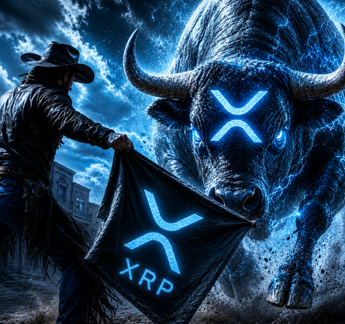 A cowboy confronts a charging glowing bull, holding up a black flag emblazoned with the XRP "X" logo and "XRP" text, mirroring the post's sentiment of XRP battling against market forces.