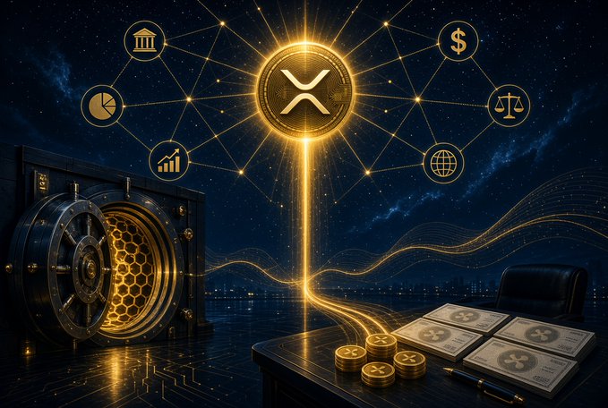 A digital artwork featuring a glowing gold XRP (Ripple) cryptocurrency coin connected to various financial and legal icons including a dollar sign, scales, bank, globe, charts, and pie chart, alongside a vault and stacks of XRP currency on a desk.