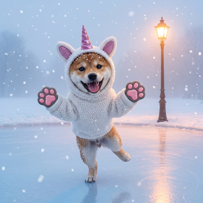 A Shiba Inu dog wearing a white unicorn-themed hooded sweatshirt with pink paw mittens skates on an icy surface in a snowy scene, with a lit lamppost in the background.