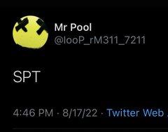 A tweet from Mr Pool (@1ooP_rM311_7211) simply stating 'SPT' posted at 4:46 PM on 8/17/22 via Twitter Web.