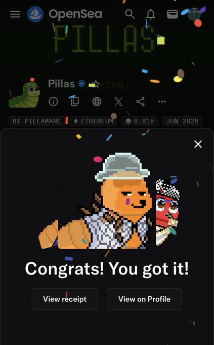 The image features a screen shot of an OpenSea game account, showing off the game's " Congrats! You got it!" button. It appears that the user has just completed an achievement or leveled up within the game. The main focus is on two small icons in the top left corner - one of a gold-colored character resembling a dog and another representing a pig. Both characters are wearing hats, adding to the overall theme of the game's visual style. In addition to these icons, there's a small banner that reads "Pillas", possibly indicating some sort of achievement or milestone related to the game's design or development process.