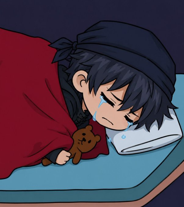 A crying anime boy clutches a teddy bear under a blanket in bed, conveying guilt. The image humorously reflects the post's confession of skipping church to secretly buy $SOL at $150 with the offering money, with the tears symbolizing his remorseful "sin."