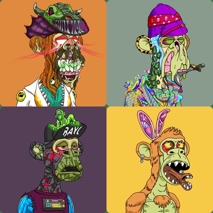 A 2x2 grid of four stylized Bored Ape Yacht Club-style NFT characters with various accessories including a crocodile hat, bandana, and "BAYC" cap, set against orange, gray, purple, and yellow backgrounds.