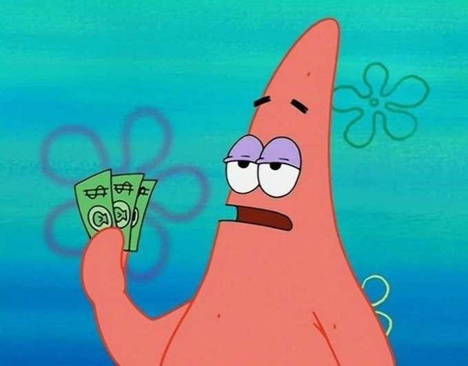 Patrick Star from SpongeBob SquarePants holds a fan of dollar bills with a tired, droopy expression against a blue underwater background. The image relates to the post about paying for breakfast, humorously illustrating the weary reluctance of spending money on a morning meal.