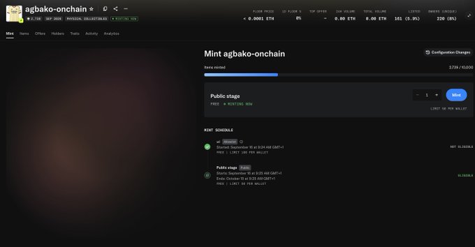 A screenshot of a NFT minting platform for 'agbako-onchain' on the Sei network, showing a public stage in progress.