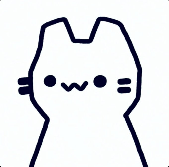 Simple black-and-white line drawing of a cute cat with whiskers, dot eyes, and a small 'w' shaped mouth.