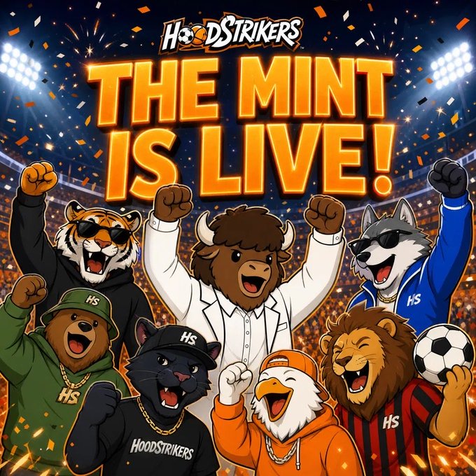 Promotional cartoon graphic for 'HoodStrikers' featuring the text 'THE MINT IS LIVE!' with various animal characters including a tiger, bull, wolf, bear, cat, eagle, and lion cheering in a stadium.