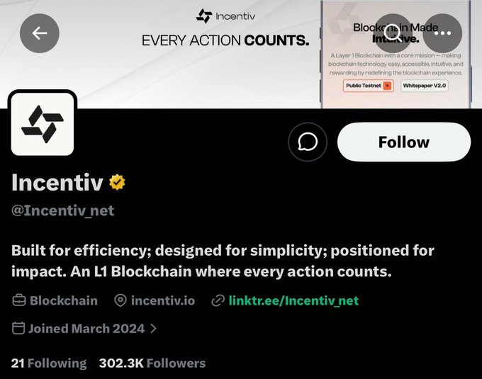 A Twitter/X profile for 'Incentiv' (@Incentiv_net) describes it as an 'L1 Blockchain where every action counts,' with 302.3K followers.