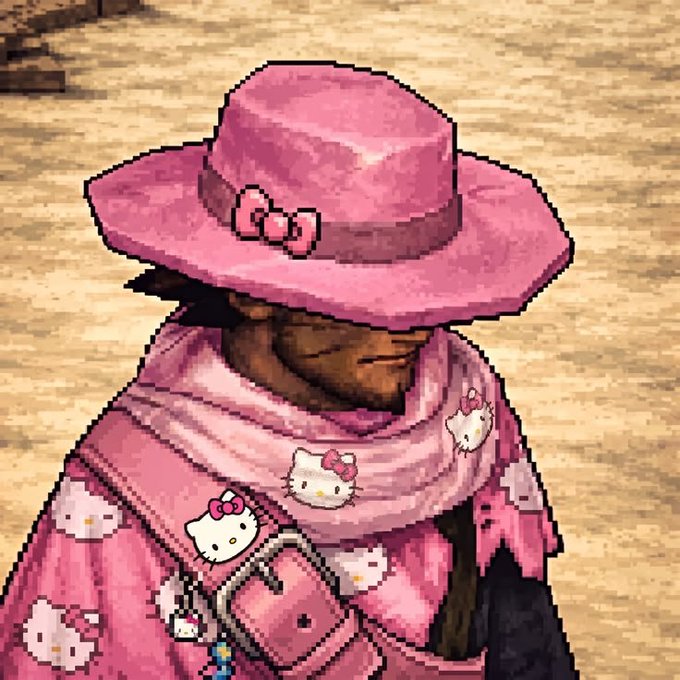 Pixel art character wearing a pink Hello Kitty-themed cowboy hat and matching pink outfit with Hello Kitty designs on the clothing.