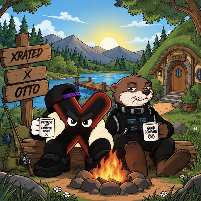 A cartoon illustration of an anthropomorphic red 'X' character wearing a black cap and an otter sitting together by a campfire in a forest, with a sign reading 'XRATED X OTTO' and the X holding a mug labeled 'DIFFERENT NOT FINANCIAL ADVICE'.