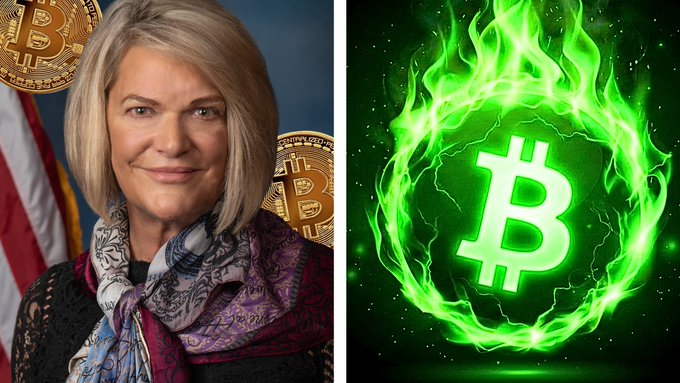 A split image shows Senator Cynthia Lummis, a blonde woman in a patterned scarf, standing before an American flag and Bitcoin emblems on the left, paired with a glowing green Bitcoin logo engulfed in flames on the right. The fiery graphic visually reinforces her bold prediction that Bitcoin could become a $200 trillion network and a preferred savings asset over U.S. dollars.
