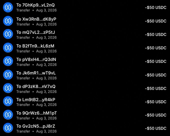 The image shows a list of 10 USDC transfers, each for -$50, sent to different recipients (addresses partially shown like 7GhKp9...vL2nQ, Xw3RnB...dK8yP, etc.) on Aug 3, 2026, which appears to serve as proof of the $50 giveaway to 10 followers promised in the accompanying post.