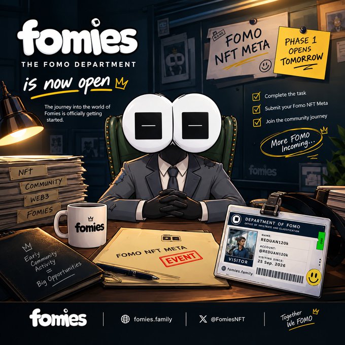 A promotional graphic for 'Fomies - The Fomo Department is now open,' featuring a cartoon character with a briefcase announcing 'Phase 1 Opens Tomorrow' and 'Fomo NFT Meta Event.'