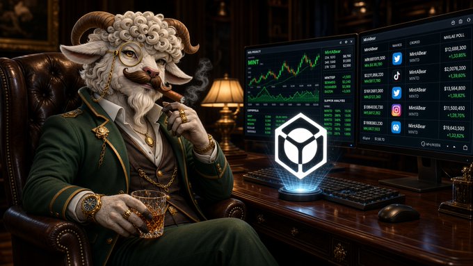 An AI-generated image of an anthropomorphic sheep wearing glasses and an ornate green suit, smoking a cigar while sitting in a leather chair in front of monitors displaying crypto market data and price tickers.