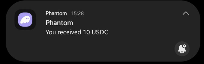 The image features a text box containing information about receiving a USDC payment through an app called "phantom". The first bullet point indicates that someone has received ten USDC, while the second detail provides further context regarding the USDC payment method being used by this app. This implies that users have paid in USDC and should expect their purchases to be processed with the provided app or service.