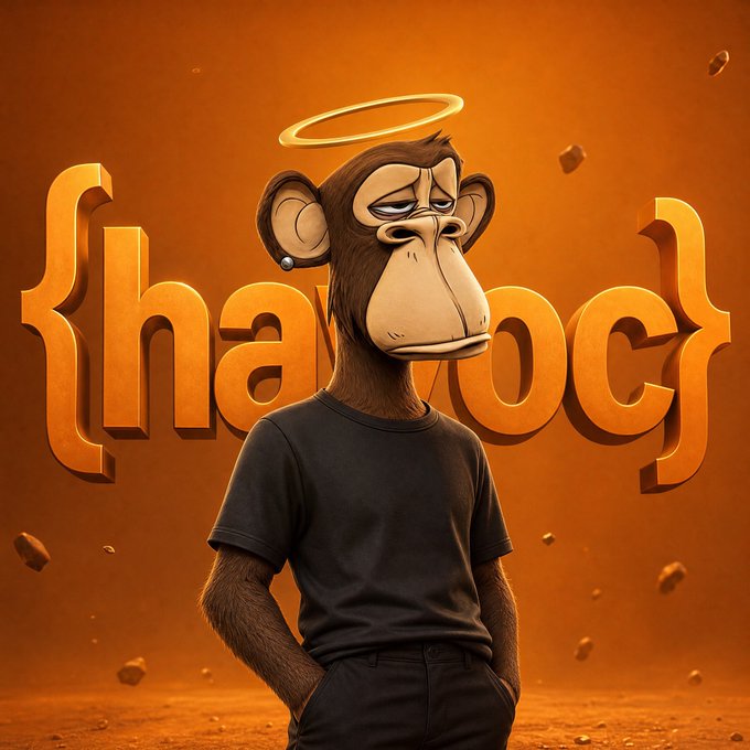 A digital illustration of a melancholy monkey character with a golden halo wearing a black t-shirt, set against an orange background with the word '{havoc}' in large gold letters.