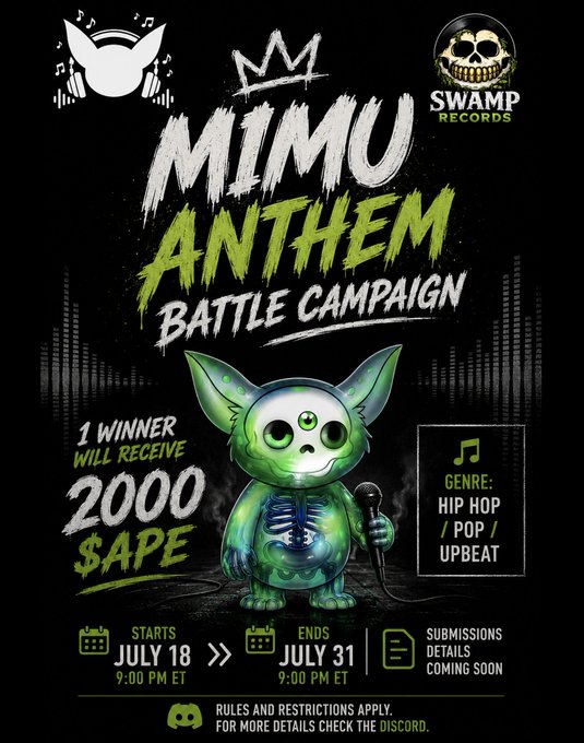 Promotional poster for the "MIMU ANTHEM BATTLE CAMPAIGN" by Swamp Records, featuring a green alien-cat mascot holding a microphone and announcing a 2000 $APE prize for winning hip-hop, pop, or upbeat original songs, running from July 18 to July 31 at 9:00 PM ET, with full details on Discord.