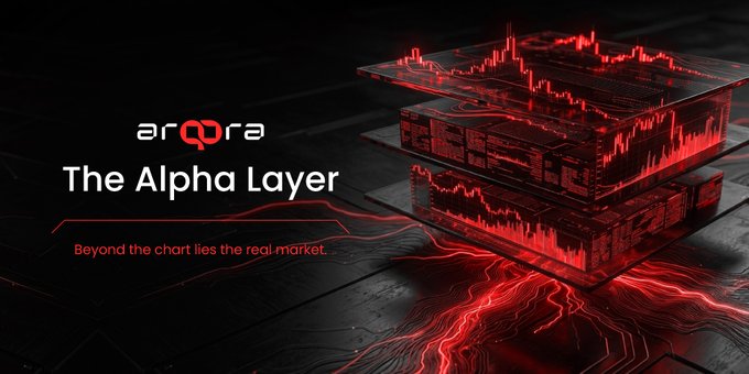 The image features a dark, futuristic graphic with glowing red 3D trading charts and data layers stacked on a textured black surface, alongside the "arqora" logo and the tagline "The Alpha Layer — Beyond the chart lies the real market." It visually reinforces the post's message by depicting layered market intelligence beneath surface price charts, symbolizing ARQORA's "Alpha Layer" concept of uncovering deeper on-chain opportunities hidden below traditional trading visuals.