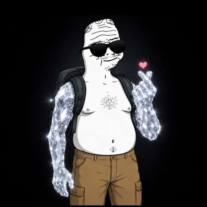 A drawn image depicts a 'wojak' meme character with diamond-covered arms and hands, wearing sunglasses, a backpack, and cargo shorts, making a peace sign with a pink heart.