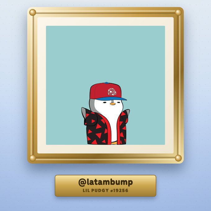 A cartoon penguin wearing a red baseball cap and red-and-black patterned jacket is displayed in a gold frame against a light blue background, with a nameplate below reading "@latambump, LIL PUDGY #19256." The image corresponds to the post highlighting achievements including 4.5kk XP, a Diamond Tier I badge, 46 badges, and ownership of Lil Pudgy #19256 plus Pudgy Penguins collectibles.