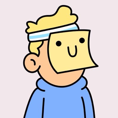 A simple cartoon illustration of a person with yellow hair wearing a blue hoodie and a light blue headband, with a yellow sticky note covering their face drawn with a simple smile.