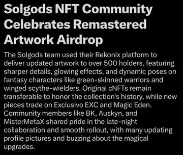 A news article titled "Solgods NFT Community Celebrates Remastered Artwork Airdrop" details how the Solgods team used their Rekonix platform to deliver updated artwork to over 500 holders, with featured characters like green-skinned warriors and winged scythe-wielders.