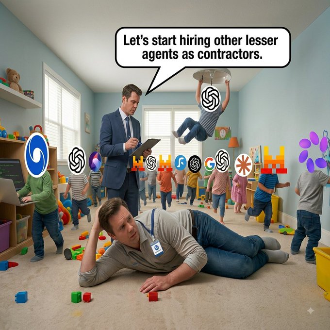 A humorous AI-generated image showing a daycare scene where businessmen discuss hiring AI agents as contractors, while various tech company logos replace children's heads as they play.