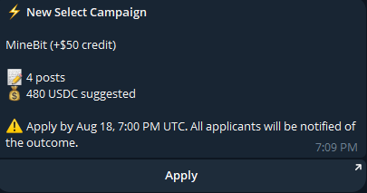 A mobile screenshot displays a "New Select Campaign" notification from MineBit offering a $50 credit for 4 posts, with 480 USDC suggested and an apply deadline of August 18, 7:00 PM UTC. This aligns with the poster's complaint about receiving yet another low-paying "fake money" offer from Wallchain, rather than legitimate deals.